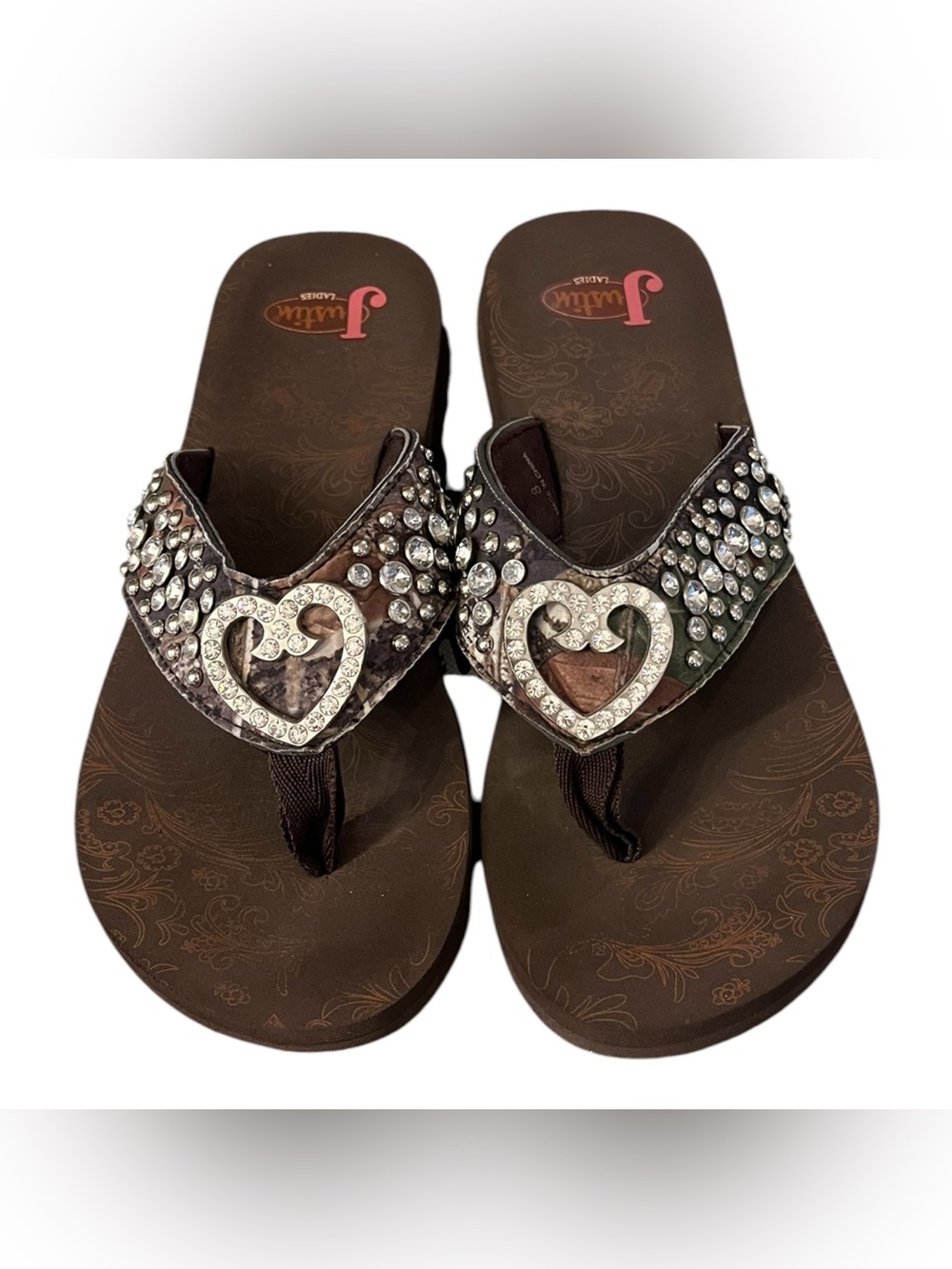 Justin Boots Brown Jeweled Heart Thong Sandals